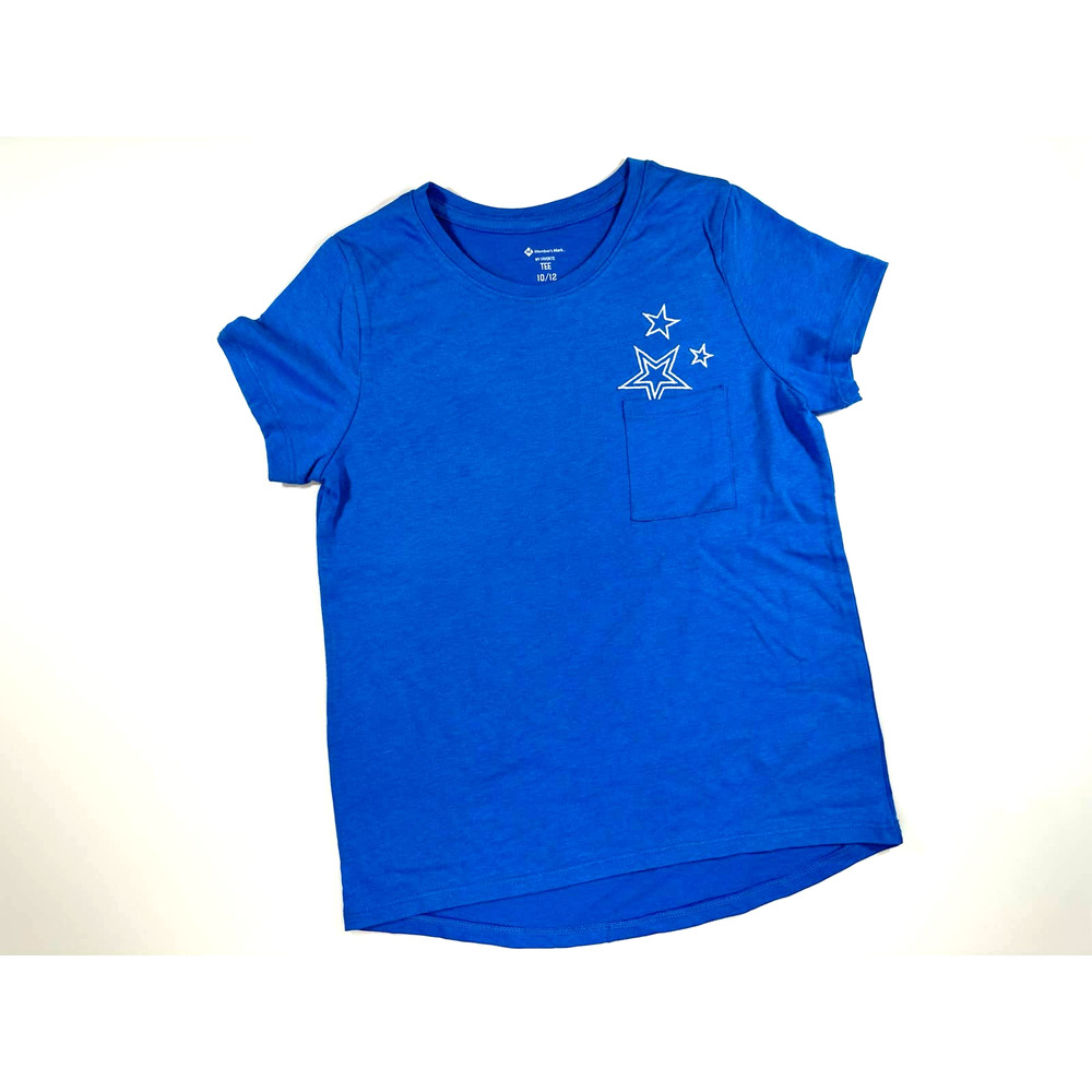 Girls Blue Tee w/ Pocket and Embroidered Stars, 10/12